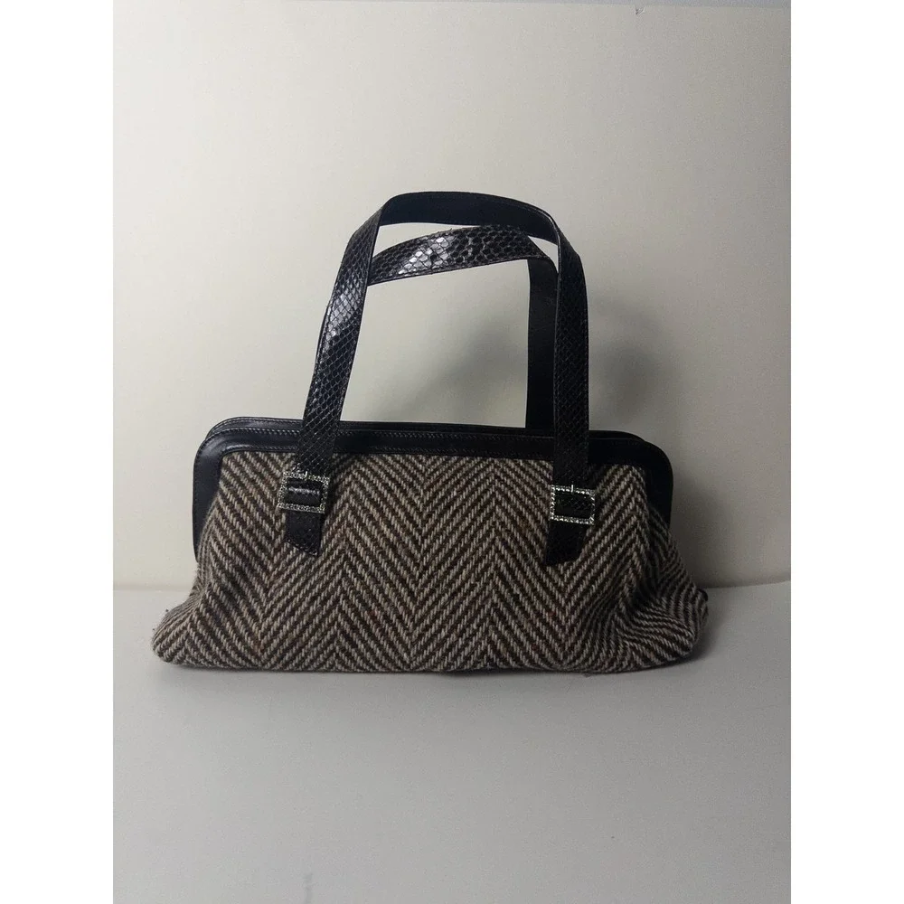 VTG Y2K Kate Spade Tweed Herringbone Handbag Womens Brown‎ Snakeskin
